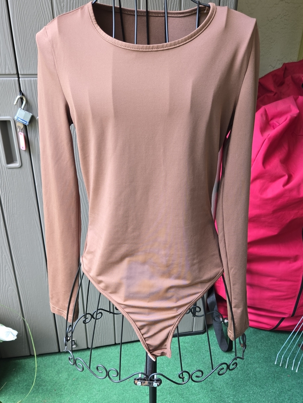 SHEIN Long Sleeve Scoop Neck Bodysuit in Taupe